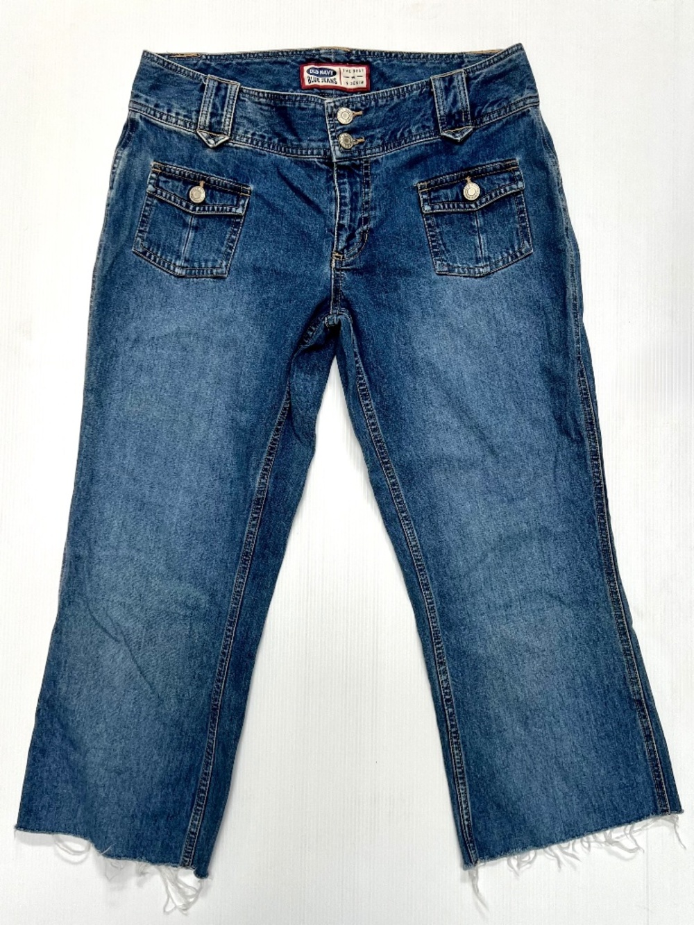 Old Navy Y2K Blue Jeans Size 10 Cropped Flare Raw Hem 100% Cotton